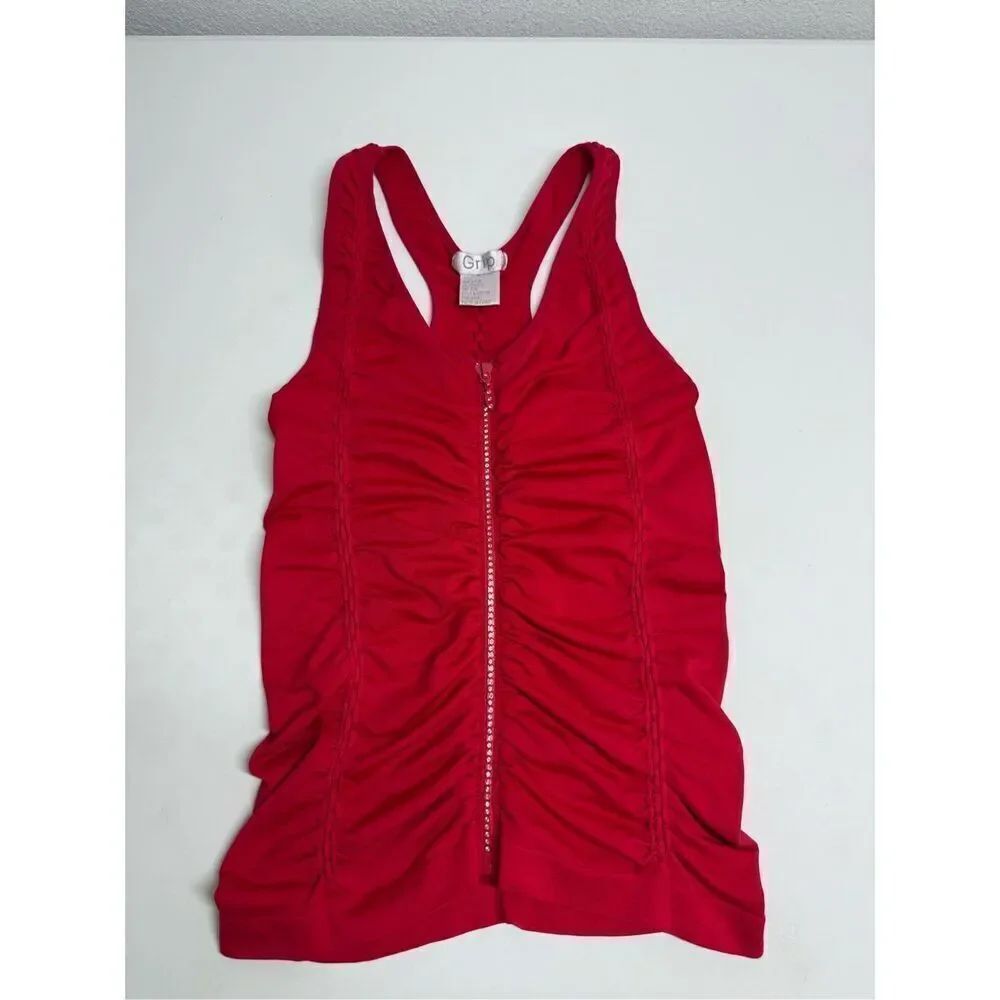 Grip Women’s Tank Top Full Rhinestone Trim Zip Ruched Stretch One Size Red